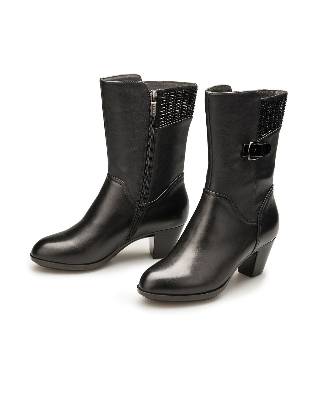 2015新款黑色牛皮休闲女士时尚中筒靴