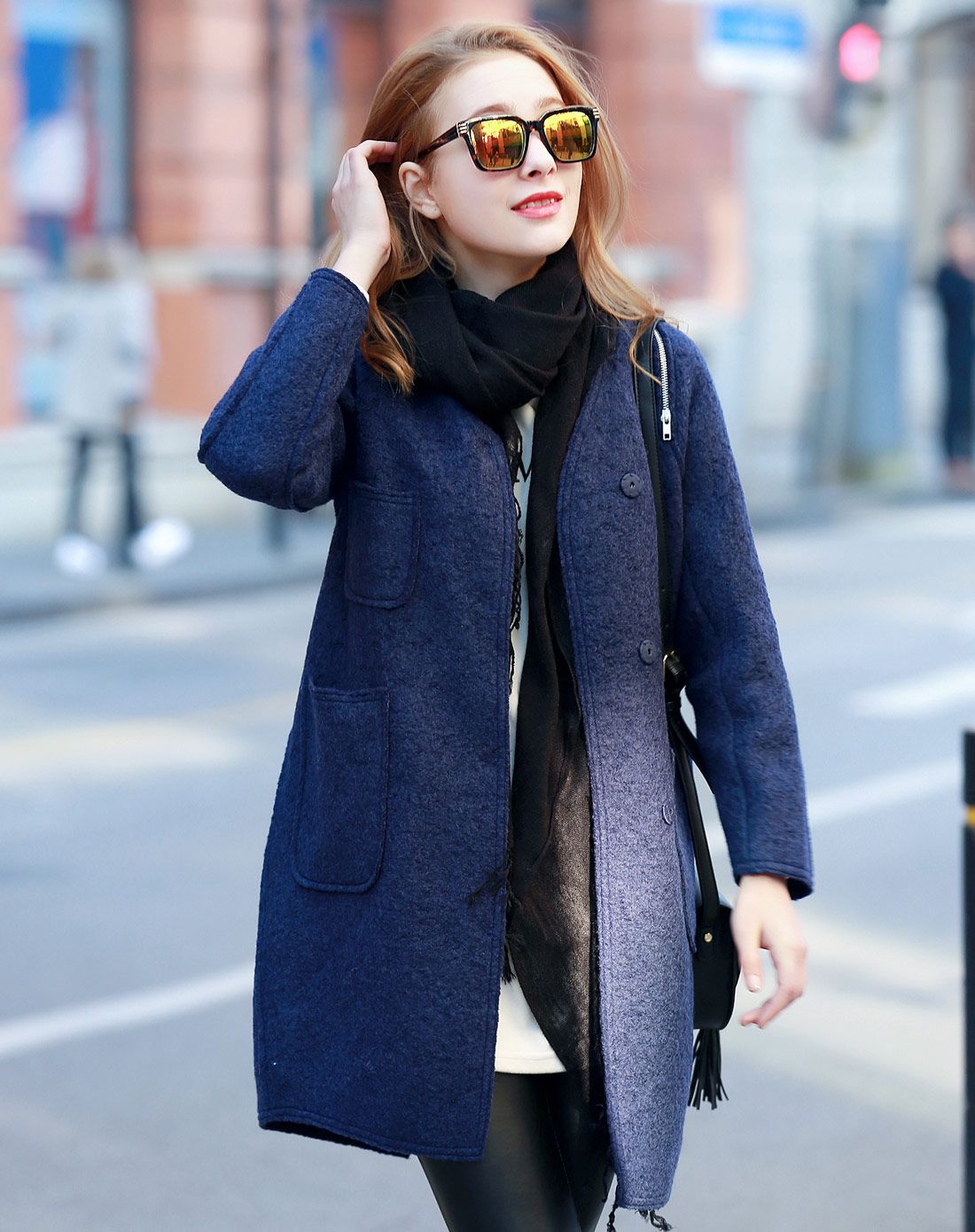 (特惠)藏蓝色长袖修身显瘦毛呢外套