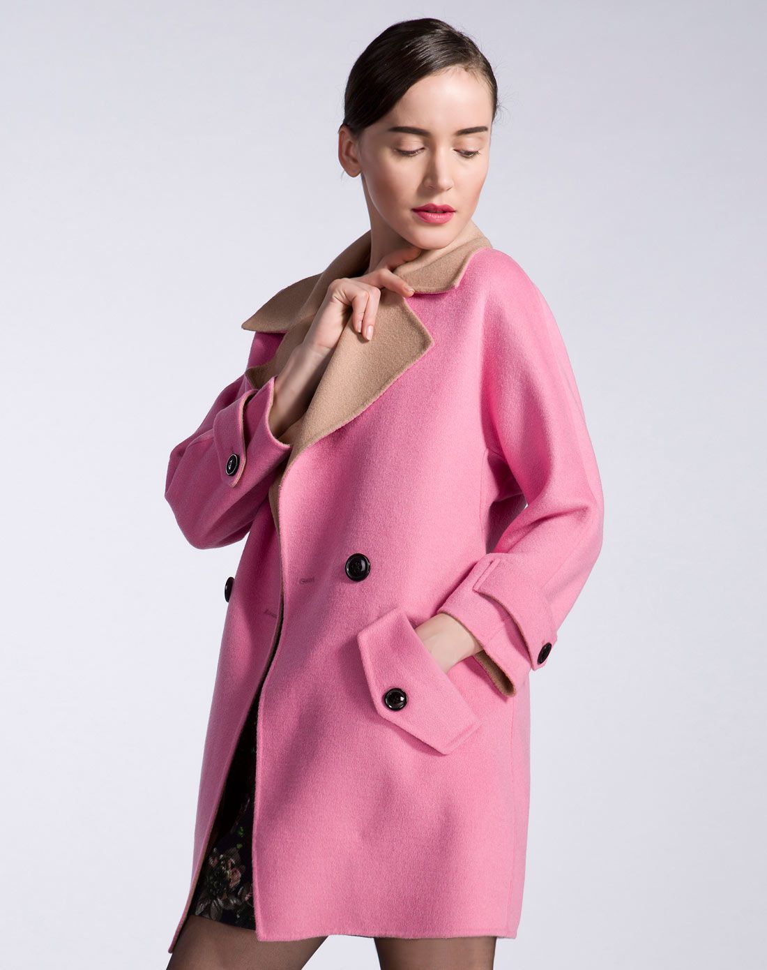 索菲丝尔sofsil大衣专场女款胭脂粉双排扣经典翻驳领双面呢大衣de