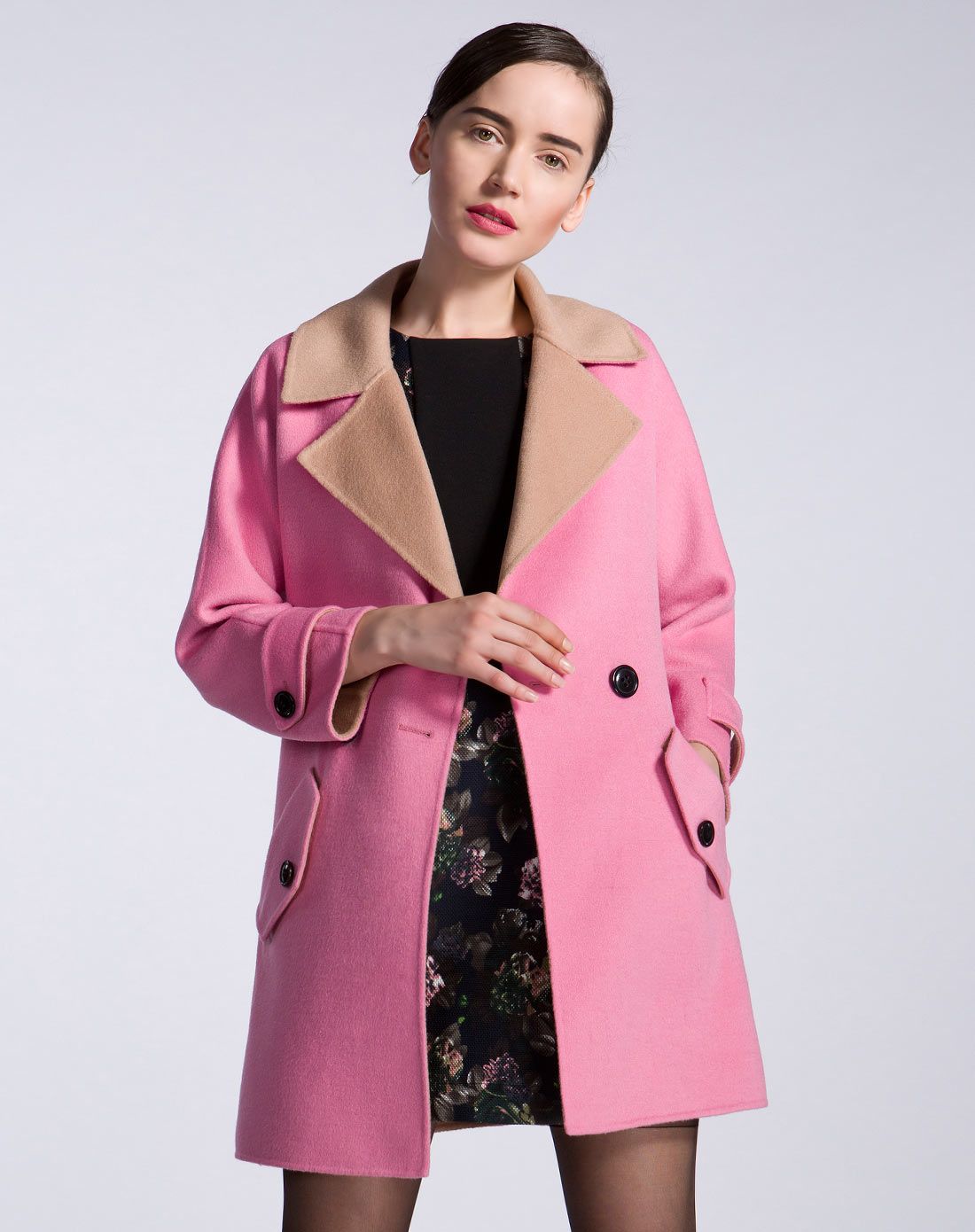 索菲丝尔sofsil大衣专场女款胭脂粉双排扣经典翻驳领双面呢大衣de