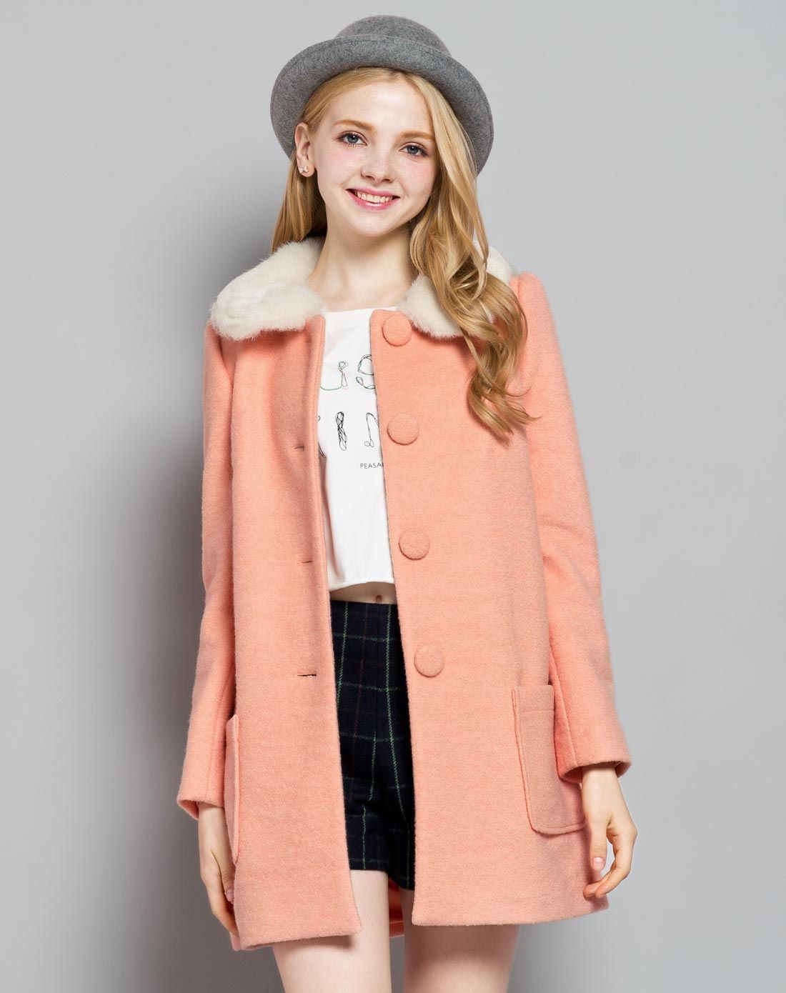 橘粉色甜美毛领外套
