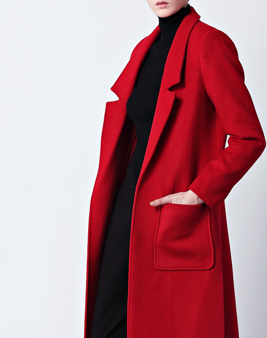 欧美气质大口袋直筒显瘦长款正红色羊毛呢外套