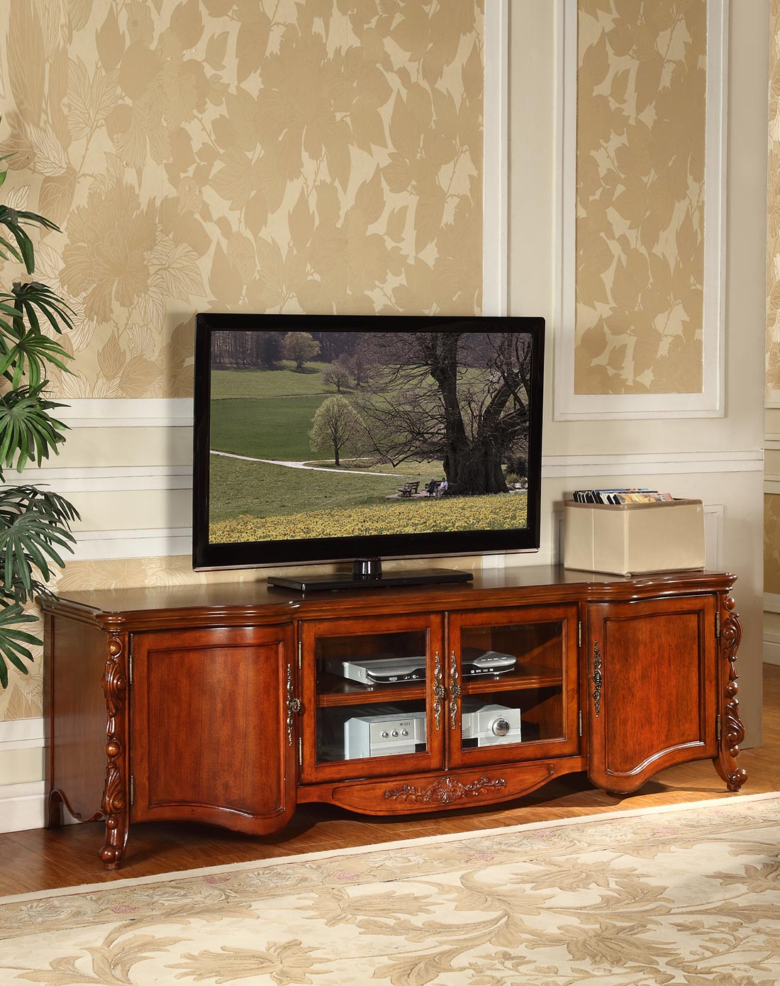 美式乡村实木雕花电视柜