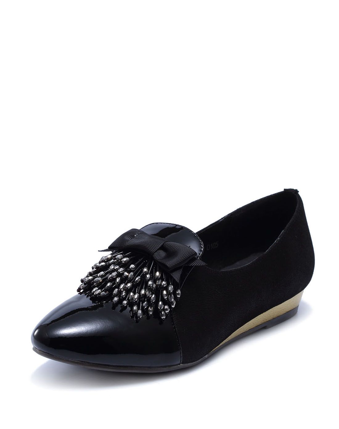 黑色牛皮漆面串珠平底深口鞋