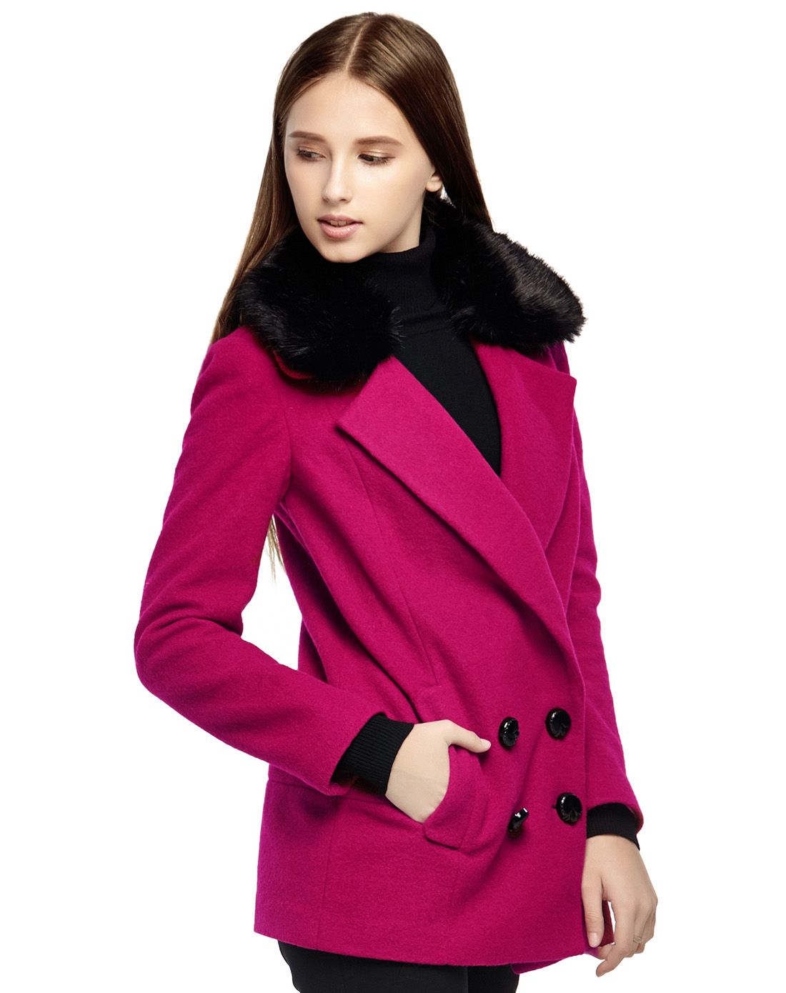 深玫红色拆卸毛领大衣