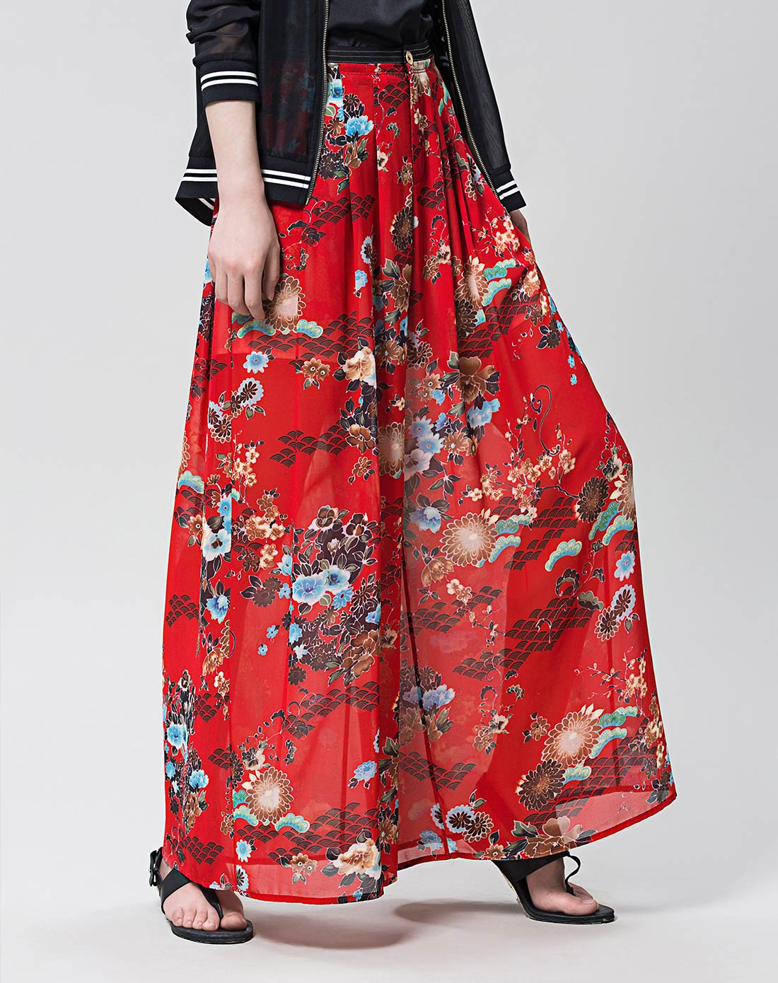 红色日本花和风印花裙裤