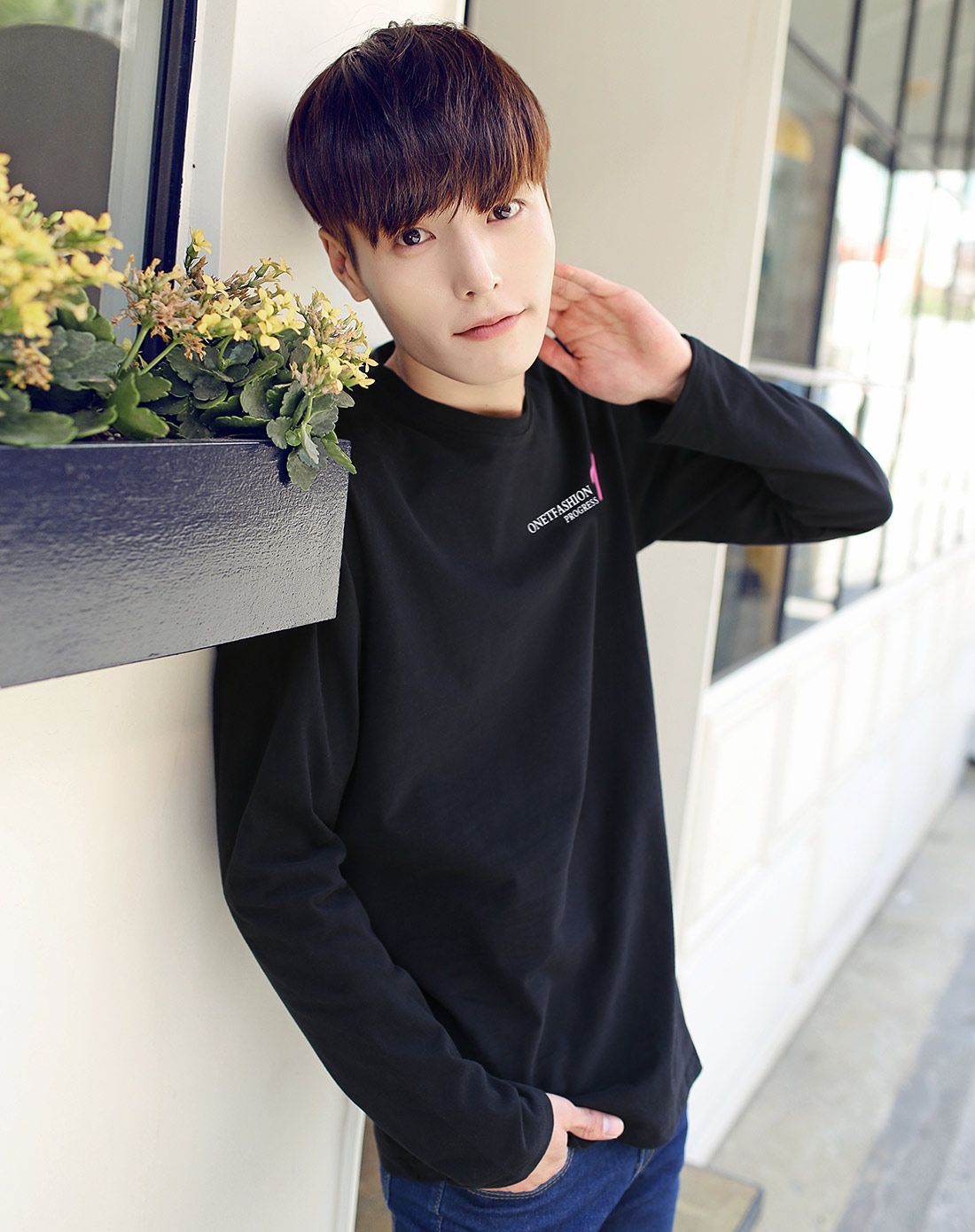 凡兔one-t男装移动专场男黑色简约韩风时尚休闲长袖t恤ot-83heise