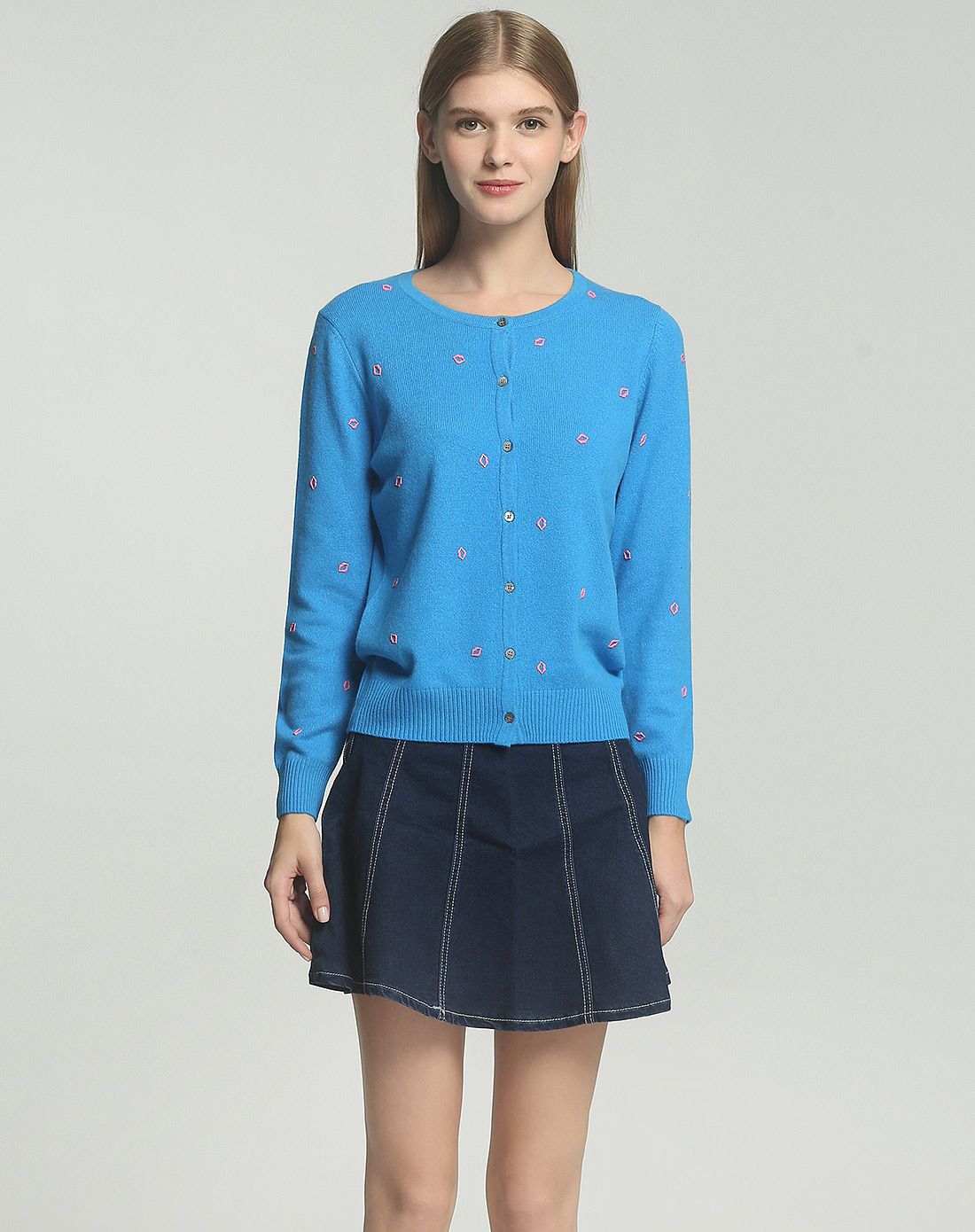 女士湖蓝时尚百搭开衫纯羊绒衫